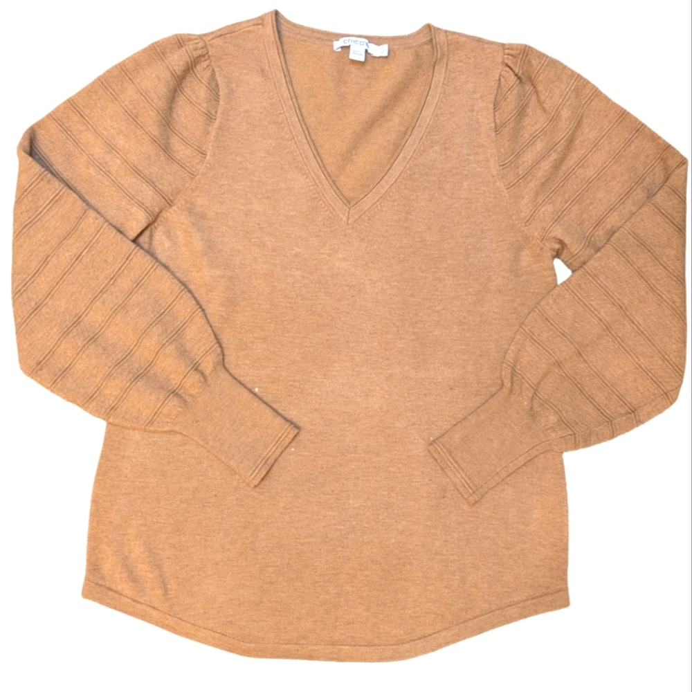Chico's Women's Sweater Small Tan V-Neck Puff Sleeve Pointelle Classic Old Money